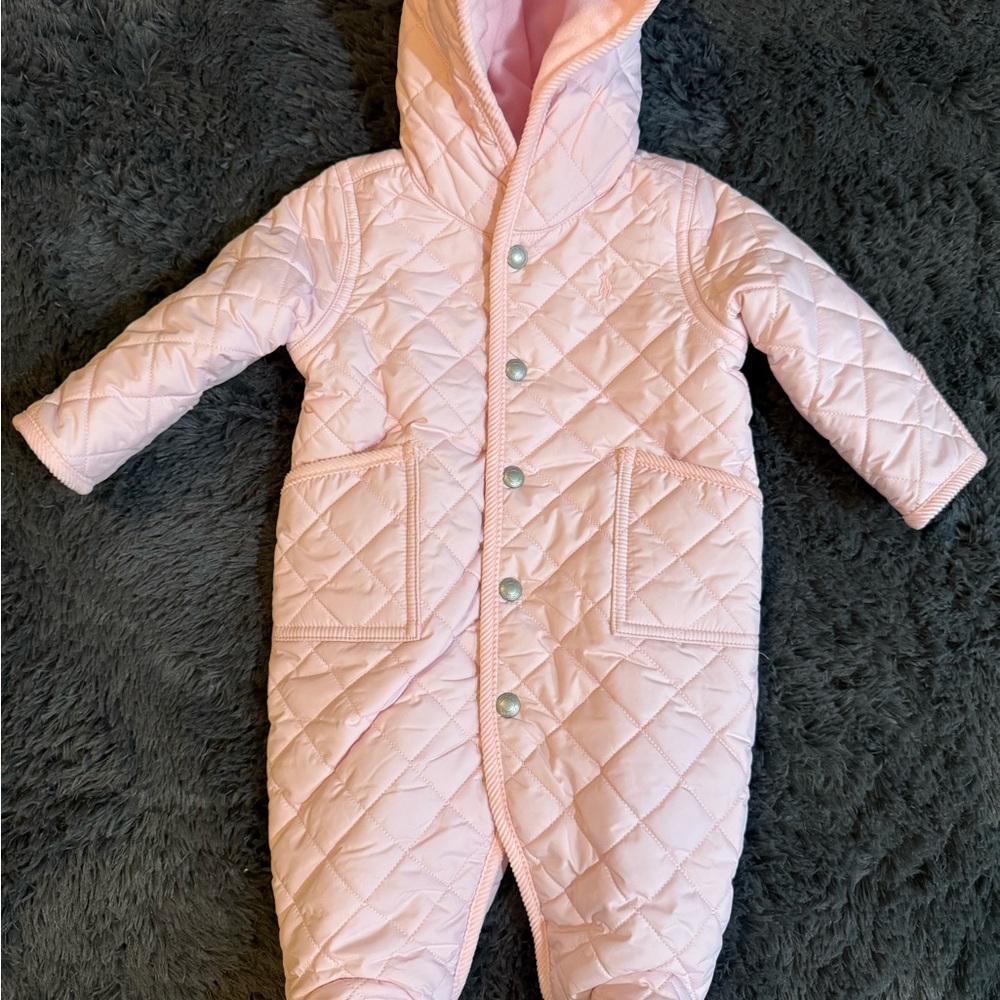 Polo by Ralph Lauren Quilted Light Pink Hooded Baby One-Piece